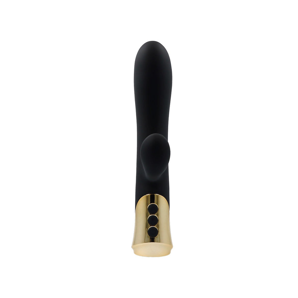 Vibratore ricaricabile in silicone color cannella con stimolatore vaginale e anale.