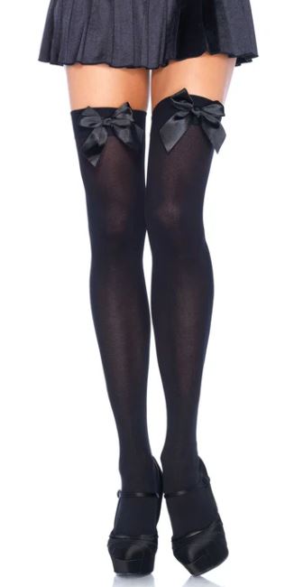 Black nylon hold-up stockings with bow