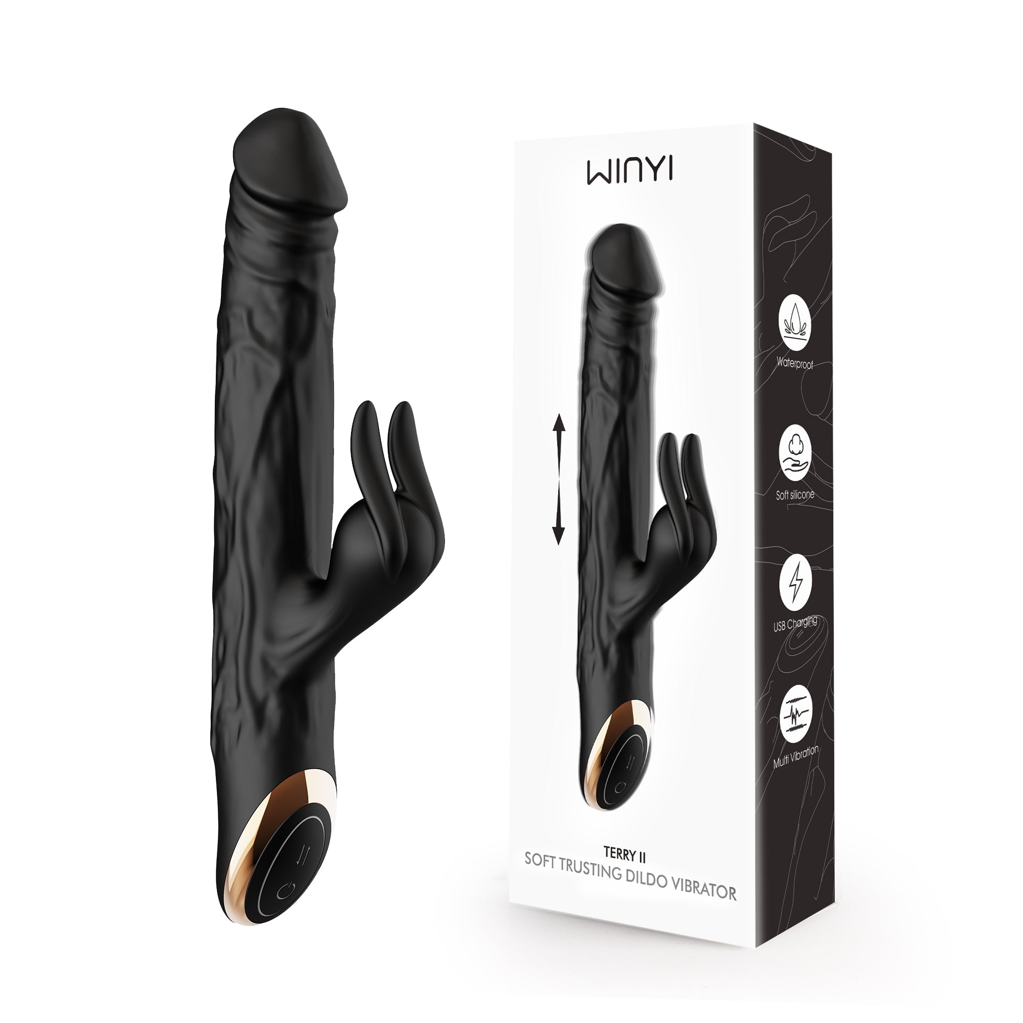 Winyi - Realistic Rabbit & Thrusting Vibrator Soft Touch - Terry II - Black