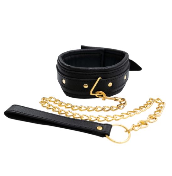 Fantasy Fetish - Luxury Collar with Leash - Black with Gold Details