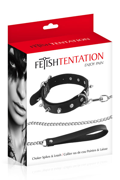 Fetish Tentation - Adjustable Collar with Studs and Leash - Black