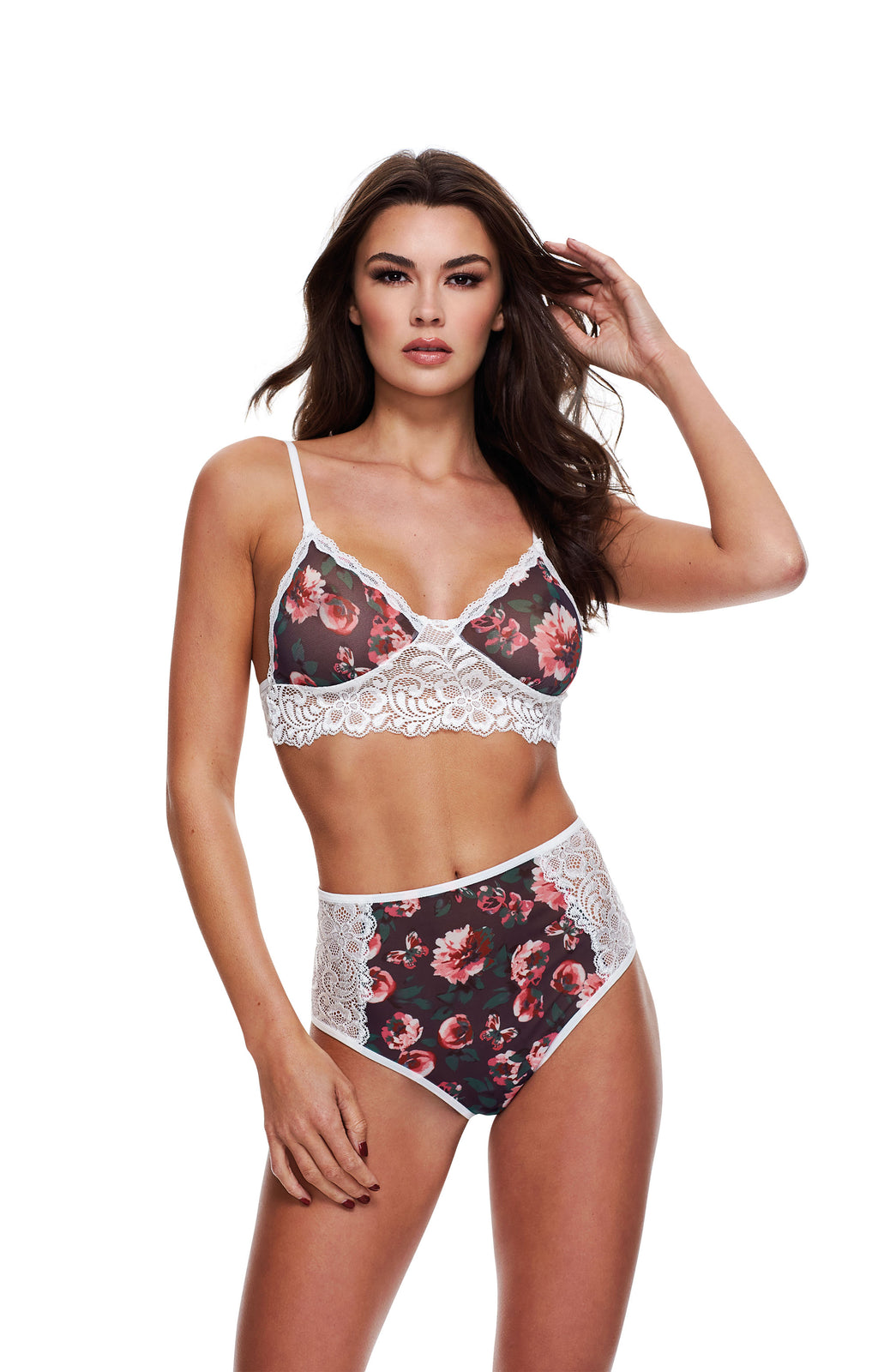 Grey bra set with floral pattern and lace