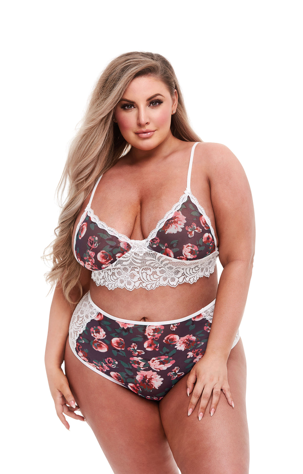 Complete gray floral and lace bra, XL