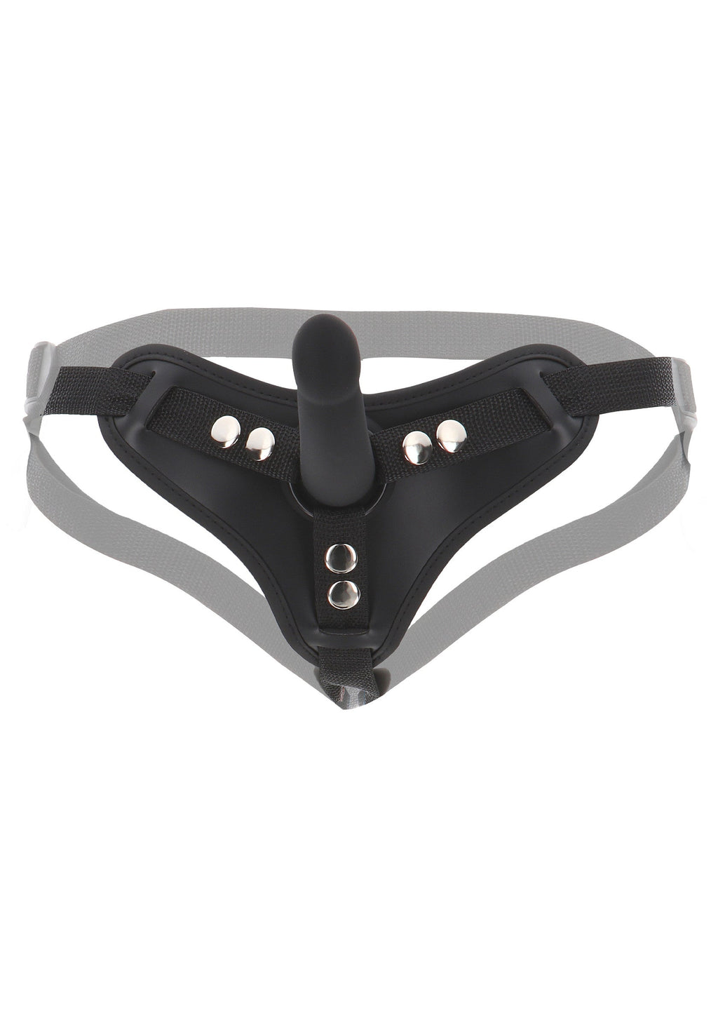 Harness with strap-on and small black dildo