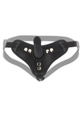 Harness with strap-on and small black dildo