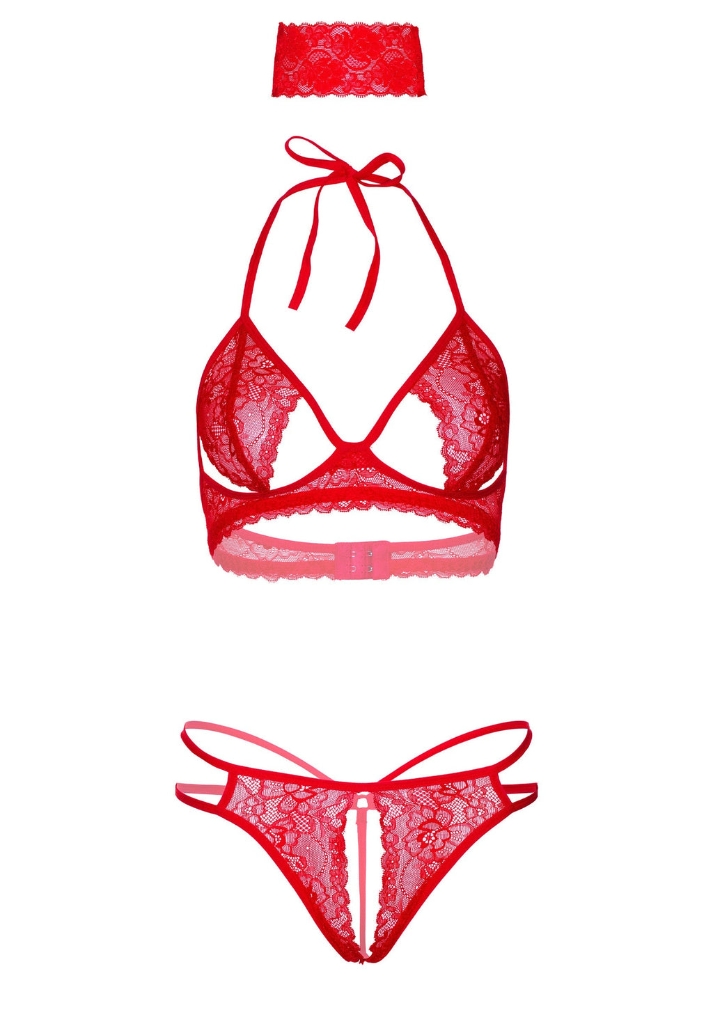 Red 3 piece bra, panty and blindfold set