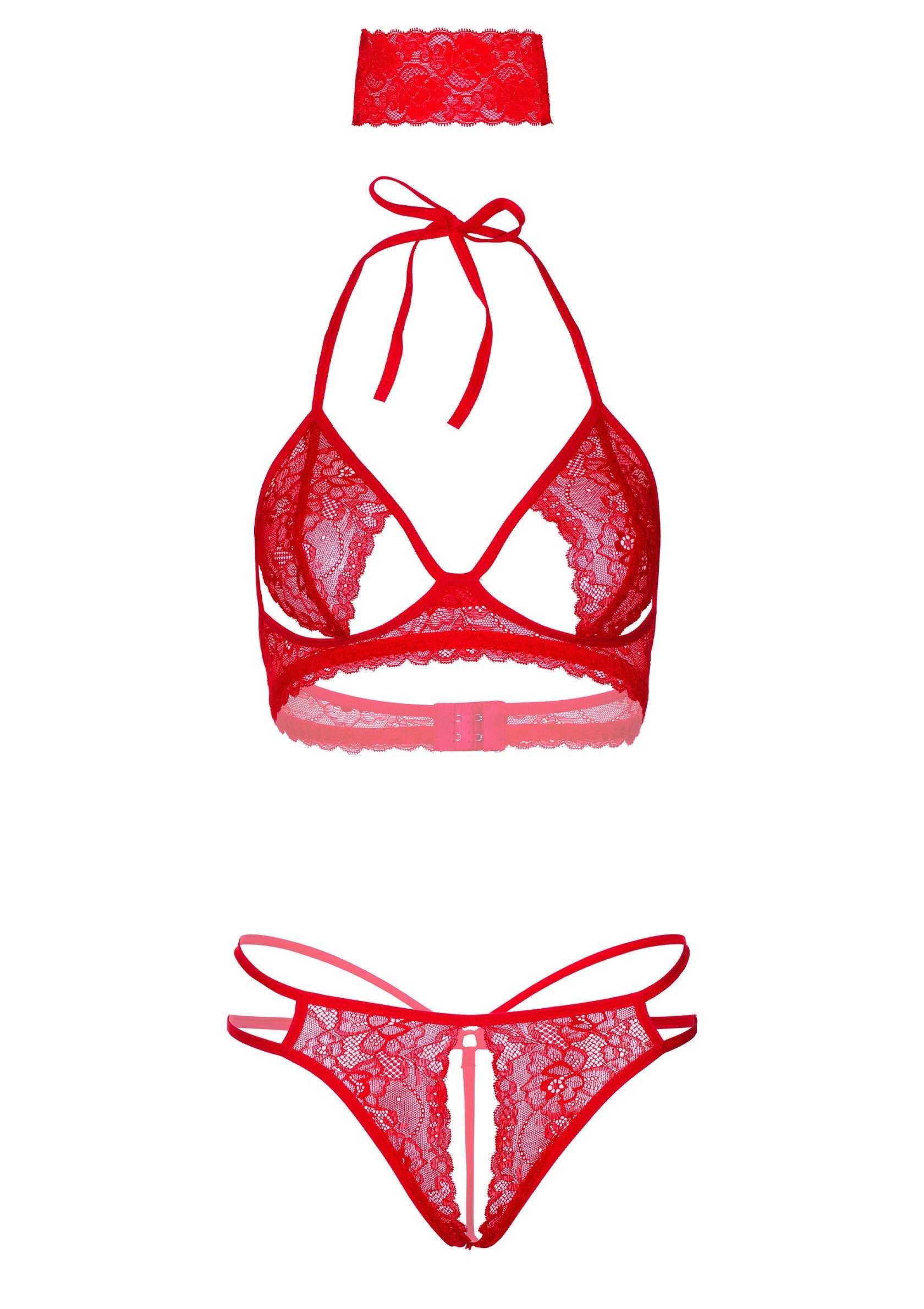 Red 3 piece bra, panty and blindfold set