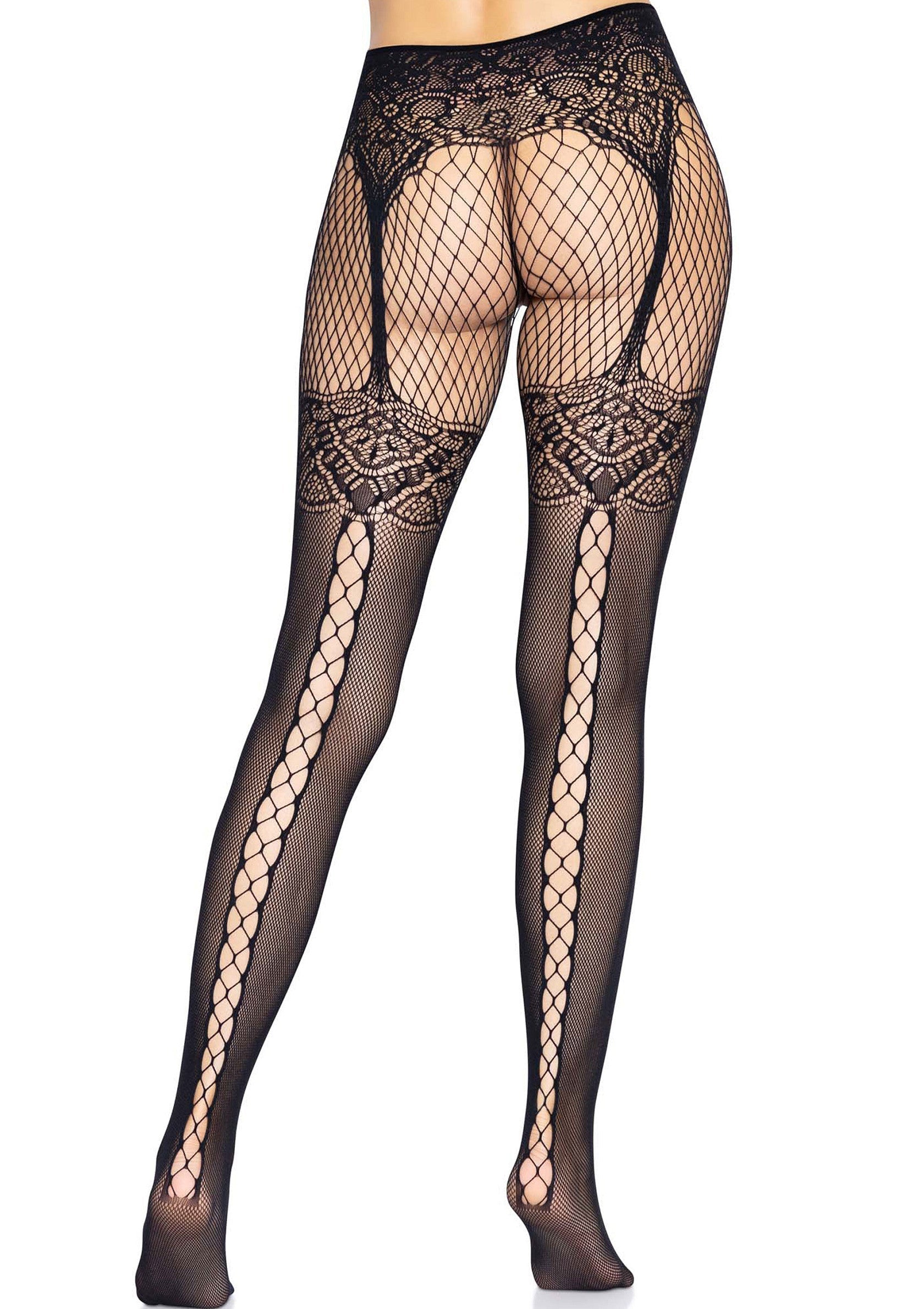 Lace backseam fishnet tights, black