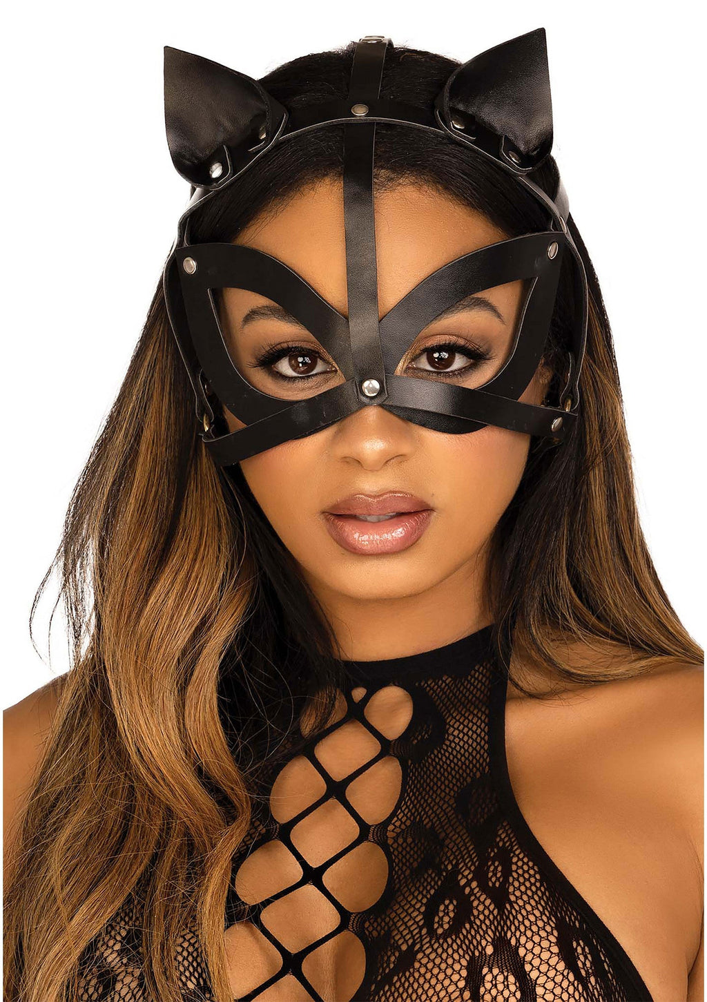 Black Vegan Leather Spiked Cat Mask