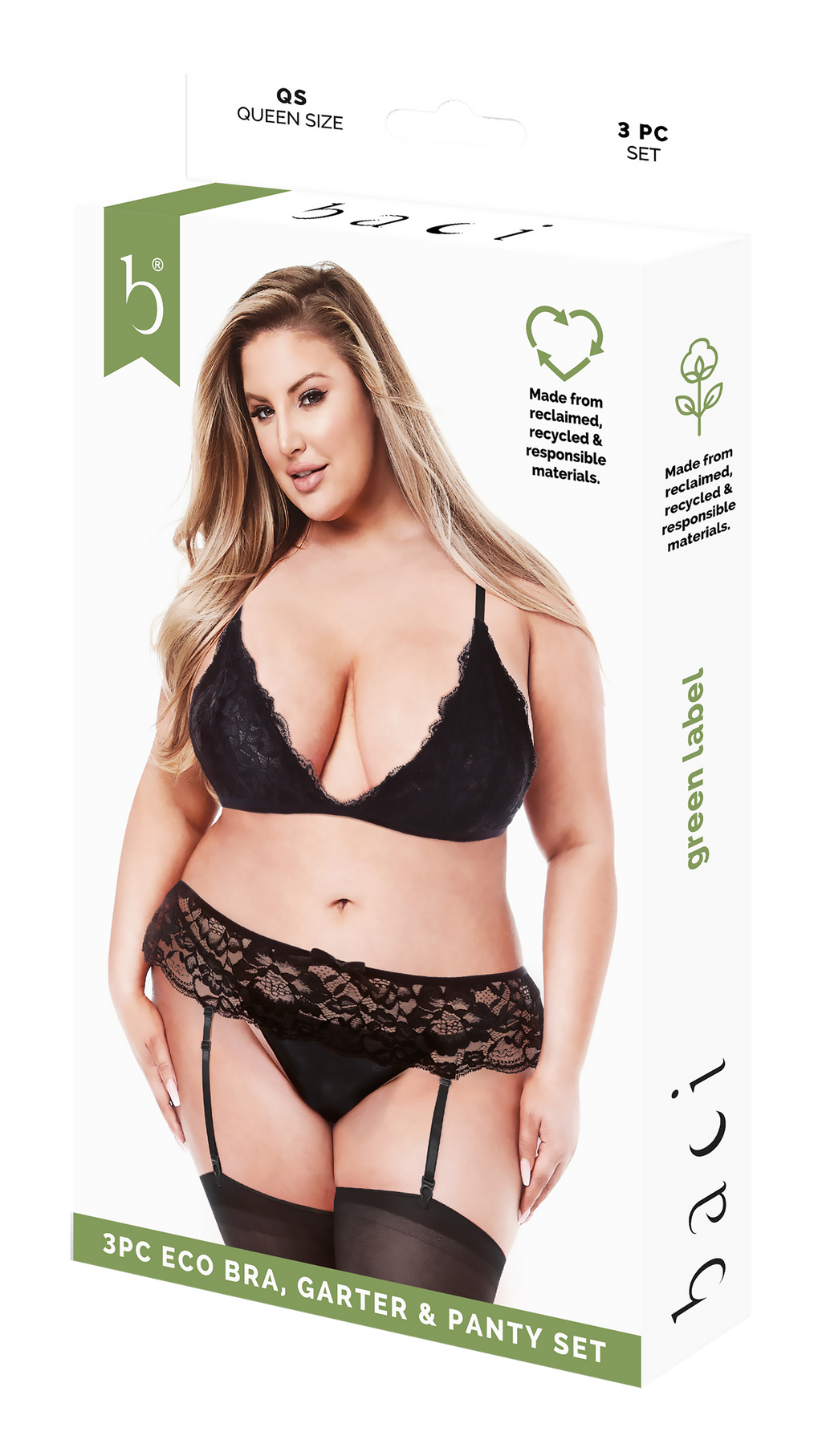 BACI 3 PEZZI REGGISENO, GARDENIER E SLIP ECO COMPLETO NERO, QS