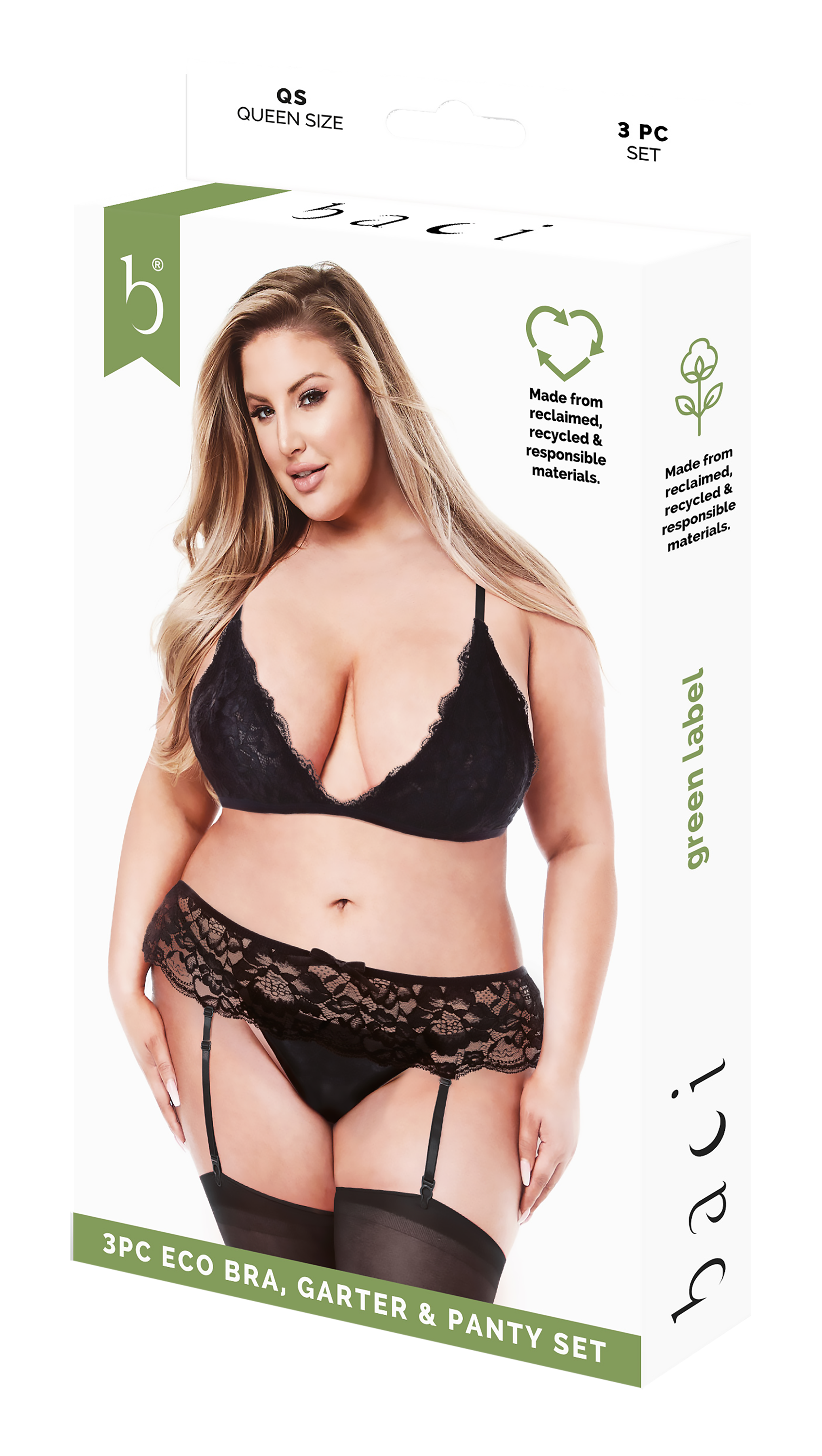 BACI 3 PEZZI REGGISENO, GARDENIER E SLIP ECO COMPLETO NERO, QS