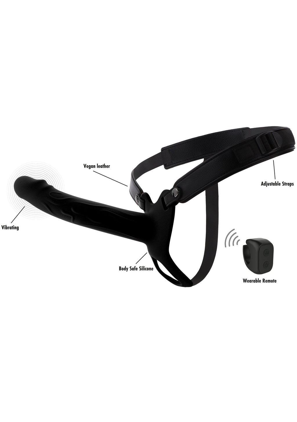 Silicone hollow penis-shaped vibrating strapon, 20 cm, black