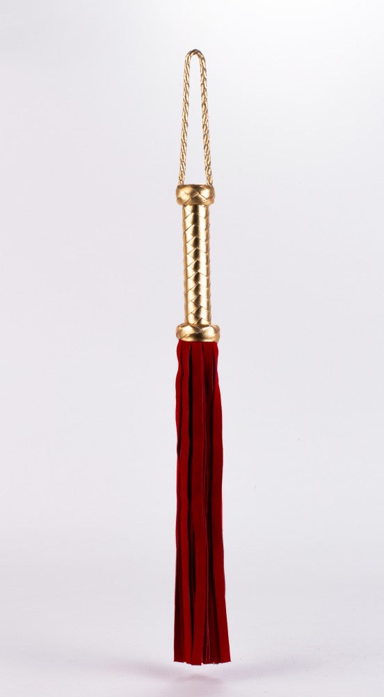 Whip with metallic leather handle and suede tails, red, 18"