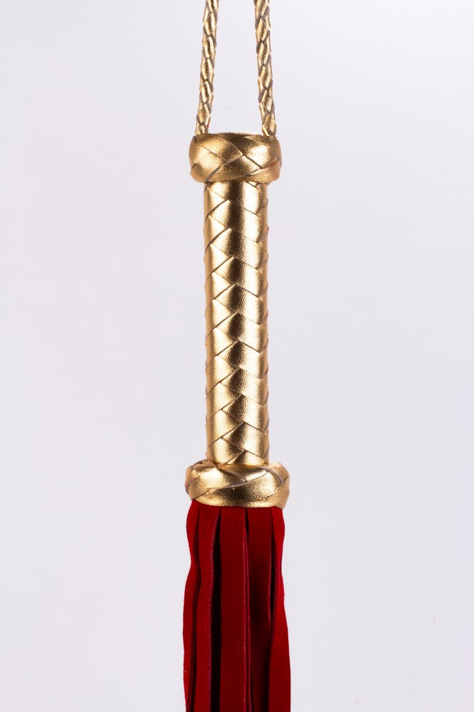 Whip with metallic leather handle and suede tails, red, 18"