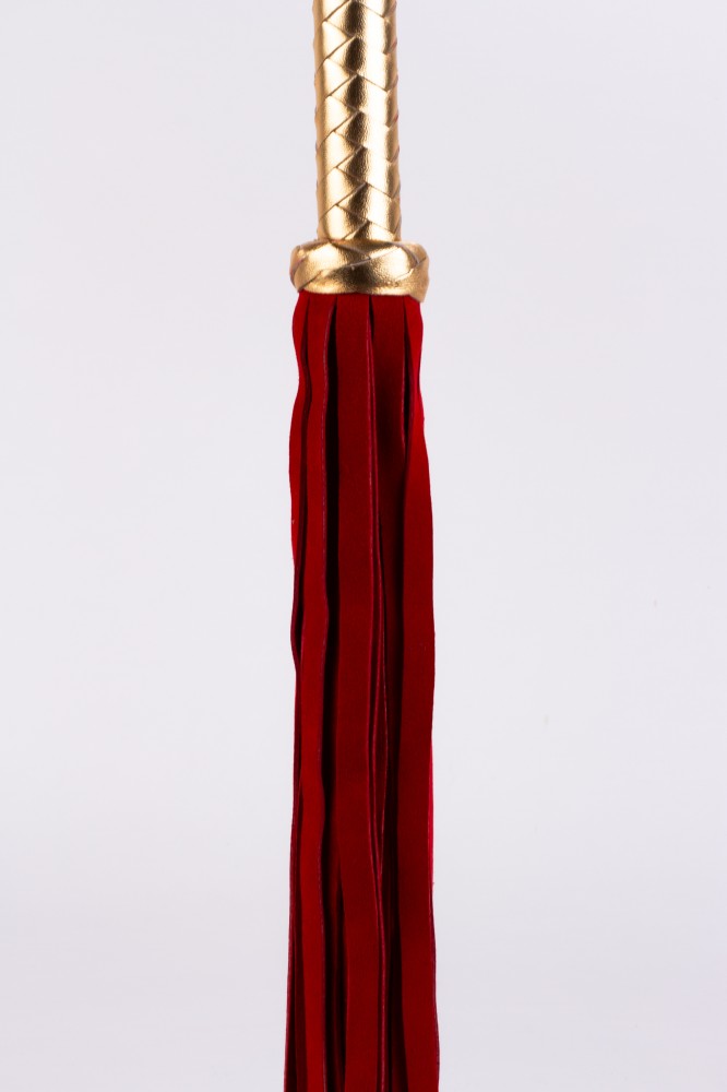 Whip with metallic leather handle and suede tails, red, 18"