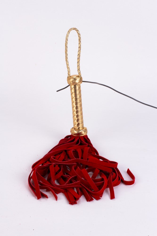 Whip with metallic leather handle and suede tails, red, 18"