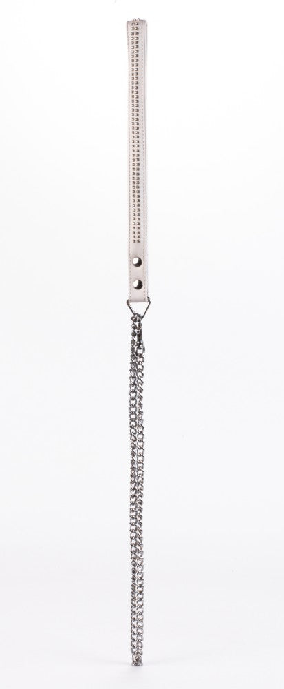 Handle in lambskin with 2 rows of small rhinestones and white metal chain