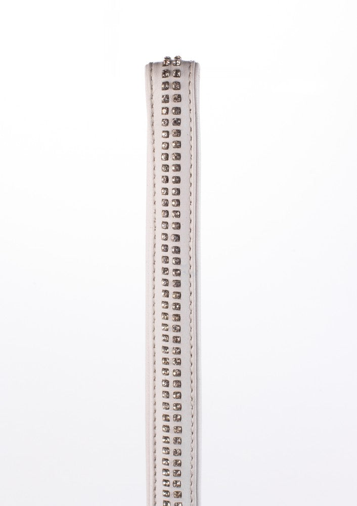 Handle in lambskin with 2 rows of small rhinestones and white metal chain