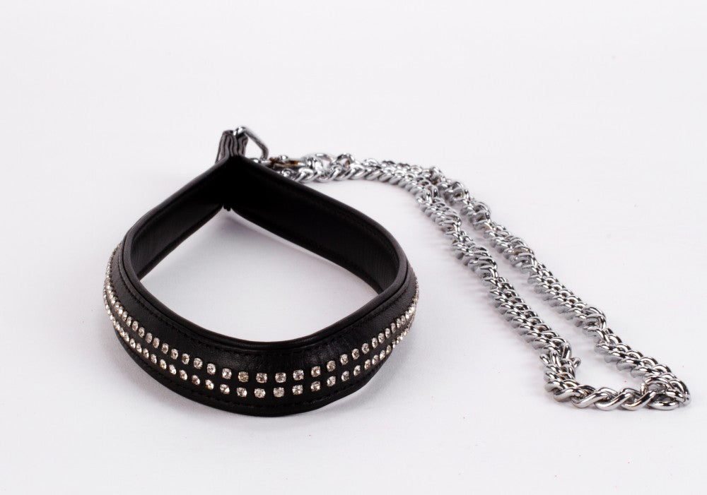 Lambskin handle with 2 rows of small rhinestones and black metal chain