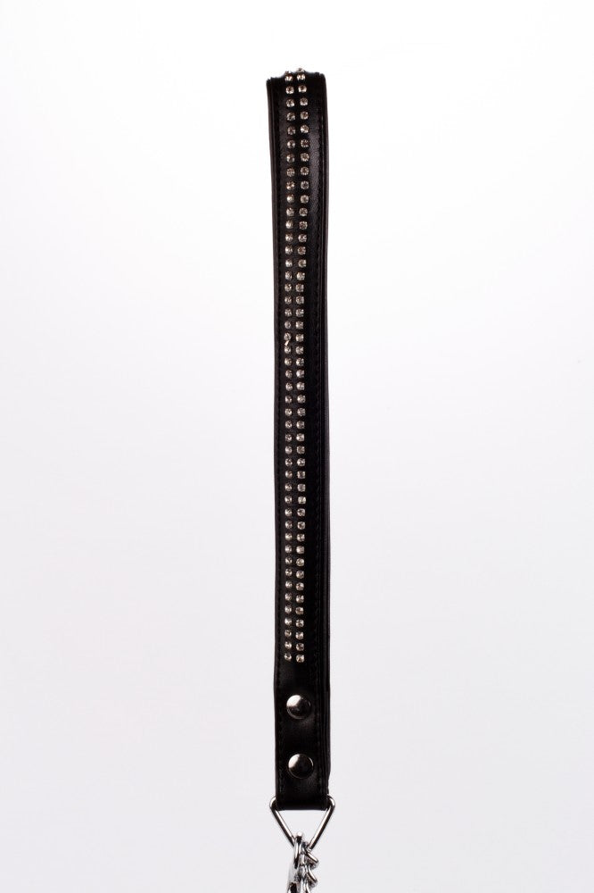 Lambskin handle with 2 rows of small rhinestones and black metal chain
