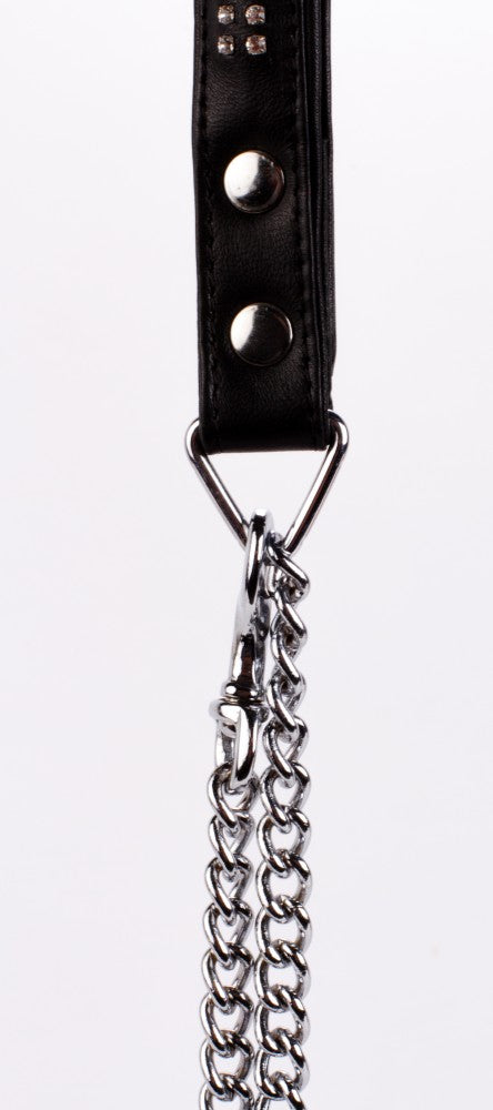 Lambskin handle with 2 rows of small rhinestones and black metal chain