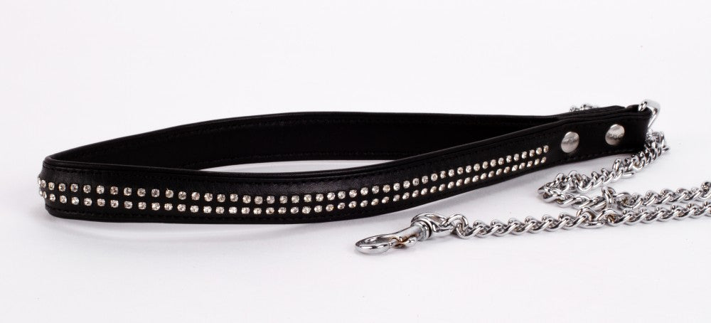 Lambskin handle with 2 rows of small rhinestones and black metal chain