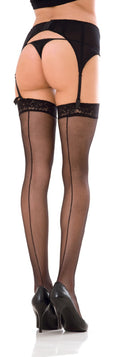 TRANSPARENT LACE HOLD-UPS WITH BACK SEAM, BLACK, OS